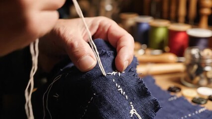 Close-up of skilled hands meticulously hand-sewing a dark blue fabric with white thread, demonstrating traditional tailoring craftsmanship and attention to detail in a warm, inviting workshop environ.