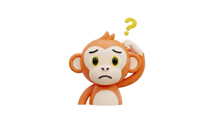 3D Confused cartoon monkey scratching head with question mark on transparent background