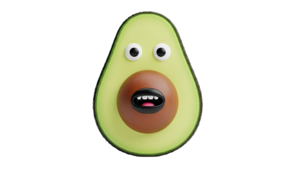 3D Funny Avocado Character with Cartoon Face on transparent background