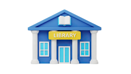 3D Library Building Icon with Open Book Symbol on transparent background