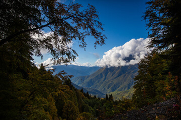 Mountains stretch across the landscape with green trees in the foreground. White clouds hover above the peaks under a bright blue sky in the afternoon.