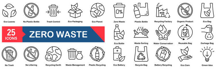 Zero Waste set of web icons in line style. vector illustration concept for reusing, eco, reuse, energy, zero, waste, plastic, green, stroke, bio, city, environment