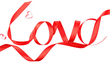 Red ribbon forming the word "Love", two hearts, black background