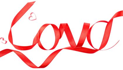 Red ribbon forming the word "Love", two hearts, black background