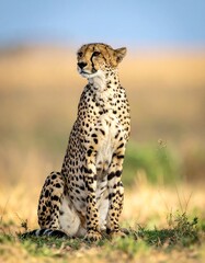A majestic cheetah sits tall, gazing with intent. The wild cat's spotted coat contrasts the grassy savanna. Clear blue sky frames the animal