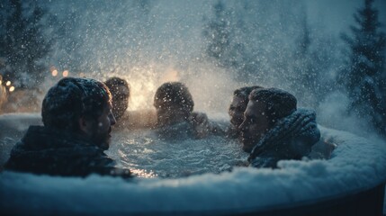 Men relaxing in hot tub winter snow