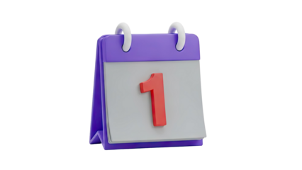 3D cartoon calendar with number 1 on a page on transparent background