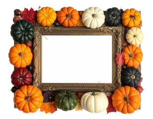 Frame border with colorful pumpkins, gourds, and autumn leaves