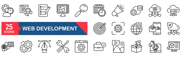 Web development set of web icons in line style. vector illustration concept for technology, app, computer, datum, software, design, code, application, thin, stroke, cyberspace