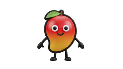 3D Cute Mango Character with Happy Face and Arms on transparent background