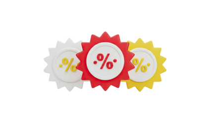 3D Discount badges with percentage signs on transparent background