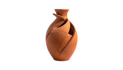 Brown clay vase, petal-like design, dark background
