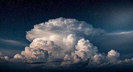 Massive towering thunderstorm cloud formation illuminating night sky filled with stars