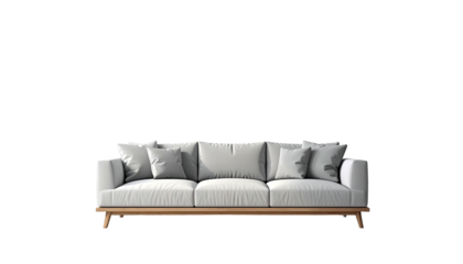 A modern white sofa with wooden legs and pillows against a black background