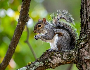 Obraz premium Gray squirrel perched on tree branch, eating a nut, blurred green foliage in background