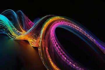 3d iridescent liquid glass ribbon wave line with neon rainbow light texture on abstract black background. Holographic gradient water flow with speed motion effect. Digital tech banner