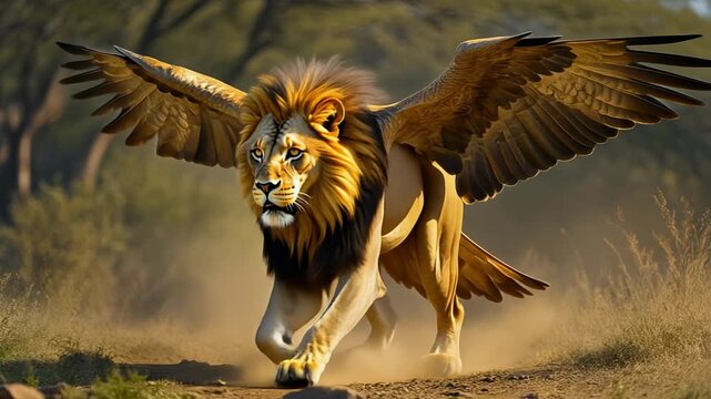 Majestic lion with wings running in a savannah landscape.