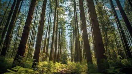 Obraz premium Majestic Forest Canopy - Sunlight Filtering Through Towering Trees, Creating a Serene and Enchanting Atmosphere.