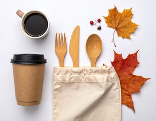 Overhead view coffee, cutlery, autumn leaves on white background