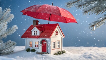 Charming miniature house with vibrant red roof and umbrella under snowy winter night sky with stars and pine trees