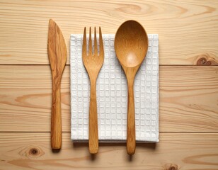 Wooden utensils on a napkin, set on a wooden table