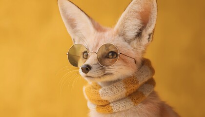 Charming anthropomorphic fennec fox wearing sunglasses and scarf posing confidently against vibrant yellow background