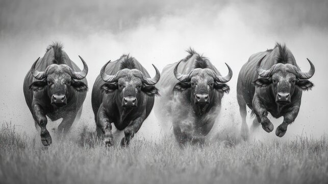 Four African buffaloes in a powerful charge