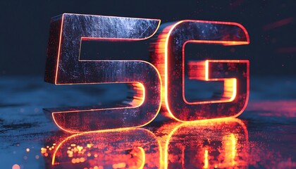 Futuristic 5G emblem glowing with neon light in high-tech digital innovation and connectivity concept