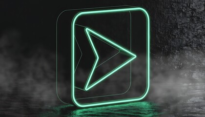 Futuristic neon play button icon glowing sharply in dark misty environment for digital media and tech concepts