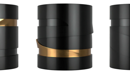 Three cylindrical forms in black and gold, isolated on black