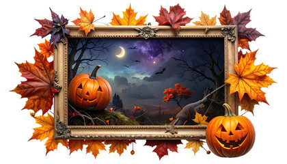 Halloween scene inside a ornate frame, adorned with autumn leaves