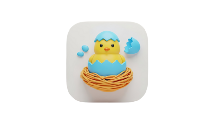 Cute chick hatching from egg in nest illustration on transparent background