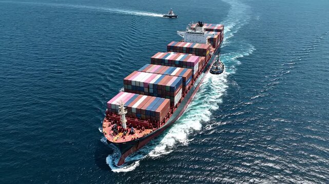 Large cargo ship transports containers across the ocean with escort boats