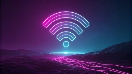 Futuristic glowing Wi-Fi symbol radiating digital connectivity over a neon-lit mountainous landscape at night
