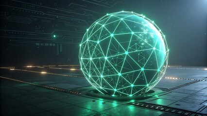 Futuristic glowing digital globe composed of interconnected nodes illuminating advanced technology hub in cyber space
