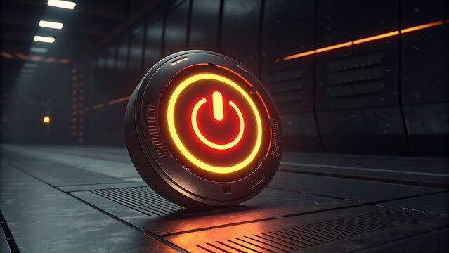 Futuristic glowing power button icon illuminates high-tech server room with digital innovation and control - Powered by Adobe