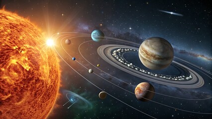 Hyper-detailed solar system planets orbiting sun in cosmic space with stars and nebula backdrop