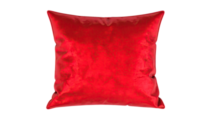 Plush, square, red pillow, isolated with smooth, reflective fabric