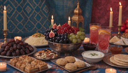 Lavish Iftar feast with dates, fruits, and Middle Eastern delicacies arranged on ornate table during Ramadan