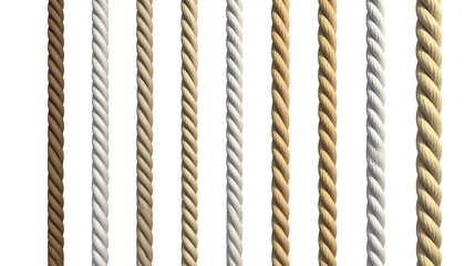 A row of nine vertical rope strands, different colors, isolated on black