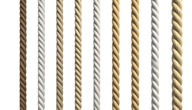 A row of nine vertical rope strands, different colors, isolated on black - Powered by Adobe