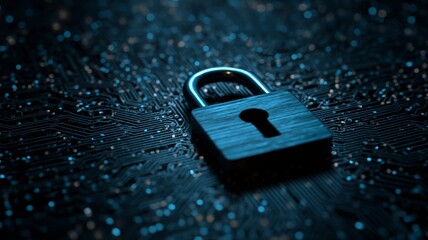 Futuristic digital padlock icon representing cybersecurity technology, secure network access, data protection, virtual dashboard, online internet privacy, authorized access, and protection against cyb