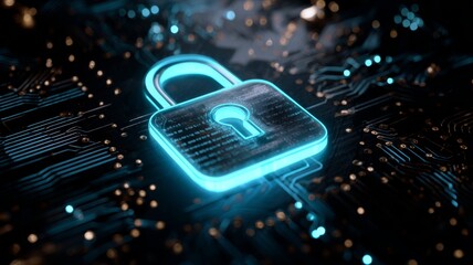 Digital padlock icon representing cybersecurity, data protection, and network security on a futuristic virtual dashboard for online access control, safeguarding information systems against cyber attac