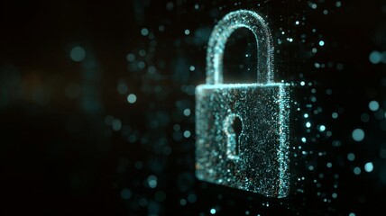 Futuristic digital padlock icon representing cybersecurity technology, secure network access, data protection, virtual dashboard, online internet privacy, authorized access, and protection against cyb