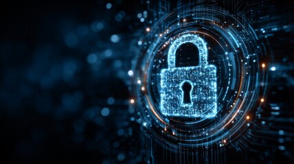 Futuristic digital padlock icon representing cybersecurity technology, secure network access, data protection, virtual dashboard, online internet privacy, authorized access, and protection against cyb