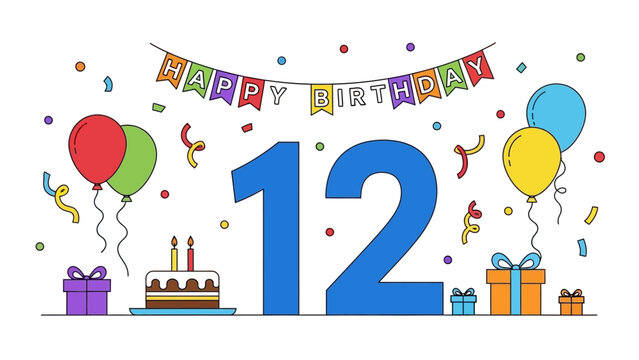 Happy 12th Birthday Celebration with Cake, Balloons, Gifts, and Confetti