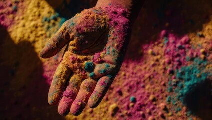 Hand covered in vibrant Holi powder, celebrating color and tradition.