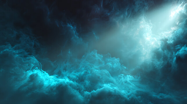 Ethereal turquoise clouds illuminated by a bright light beam