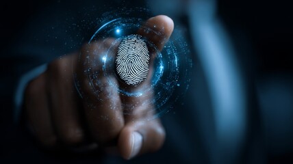 Double exposure of businessman interacting with holographic identity scan to unlock online data, representing global information access, cybersecurity technology, and digital security innovation