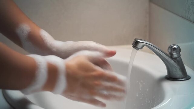 Person washing hands with soap under running water in a bathroom sink.